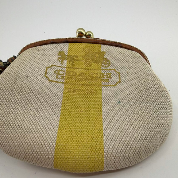 Coach Legacy Stripe Kisslock Cream Yellow Canvas Leather Coi - Picture 2 of 8